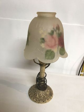 Vintage Cast Metal Base With Reverse Hand Painted Shade Lamp