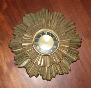 Vintage Mid Century Modern Brutalist Metal Sunburst 8 Day Jeweled Wall Clock