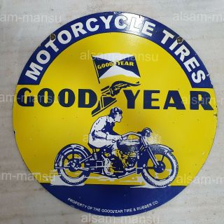 Goodyear Motorcycle Tires 2 Sided 30 Inches Round Vintage Enamel Sign