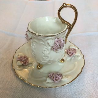 Vintage Ivory Porcelain Choc Tea Cup And Saucer With Applied Pink Rose Clusters