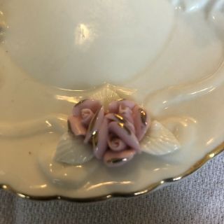Vintage Ivory Porcelain Choc Tea Cup And Saucer With Applied Pink Rose Clusters 3