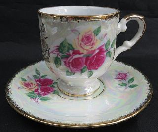 Vintage Japan Floral Rose Iridescent Coffee Tea Cup & Saucer Porcelain