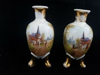 Rare Antique Early " Hand Painted " Porcelain Vases With Tripod Feet