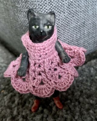 Bisque Hertwig Carl Horn Miniature Jtd 2.  25” Tiny Black Cat Adorable Pink Dress