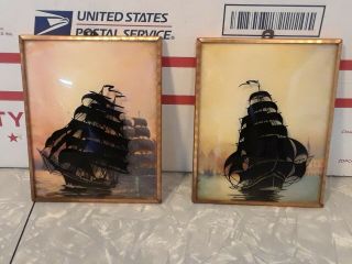 Vintage Reverse Painting Silhouette Sailing Ship Framed Bubble Glass