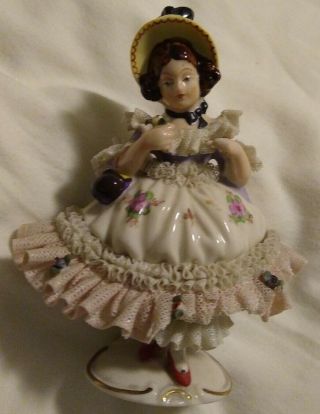 Dresden Porcelain Figurine Lady White And Pink Lace With Bonnet & Flowers