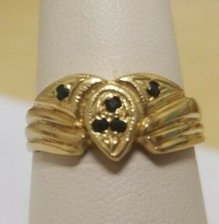 18k Yellow Gold W/ Black Onyx Vintage Claddagh Ring Sz 7.  5 Estate Jewelry 3.  5g