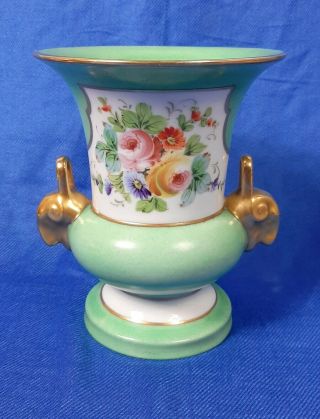 Old Paris Porcelain 7 " Urn/vase With Painted Flowers And Rams Head Handles