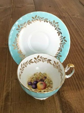 Aynsley Bone China England Tea Cup And Saucer Light Blue Fruit Design Gold Trim