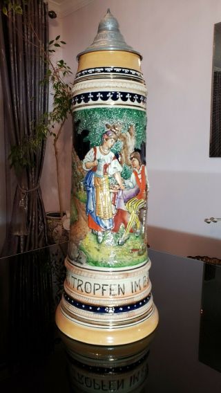 Very Rare Vintage Gerzit West German Lidded Beer Mug,  5 Liter,  21 " Tall