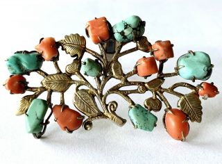 Antique Vtg Chinese Sterling Silver Gilt Coral Turquoise 3” Clip Brooch