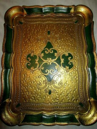 Vintage Florentine Made In Italy Gilt Gold And Green Tole Tray 11 " X 14 "