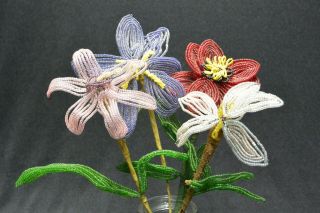 Vintage French Glass Seed Bead Flower Bouquet; 4 Stems