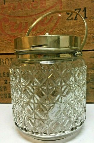 Vintage Glass Crystal Like Biscuit Pickle Jar,  Silver Plated Top And Handle
