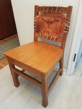 Vintage A Brandt Ranch Oak Western Style Desk Side Chair Leather Steer Longhorn 3