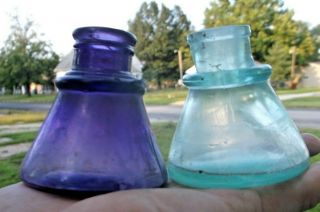 Purple & Aqua Colored Cone Ink Bottles 1880 