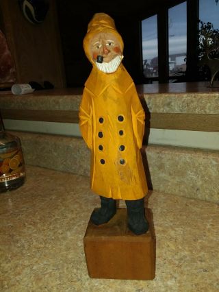 Vintage Wood Carved Fisherman 12 " Wooden Fishing Statue Guc Hand Carved