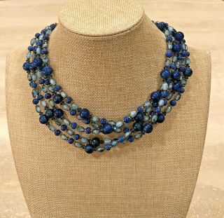 Miriam Haskell Blue Glass Multi - Strand Beaded Necklace Signed Vintage