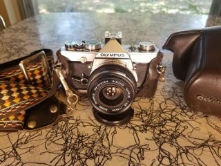 Olympus Om - 1,  35mm F2.  8 G.  Zuiko Lens,  Olympus Leather Case,  Vintage Lanyard.