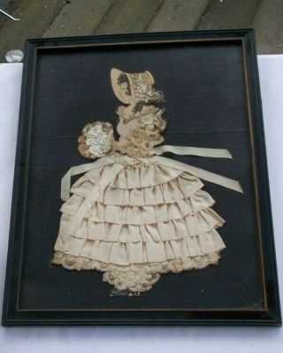 Vintage Antique Victorian Lady Dress Hand Made Cloth Silhouette Lace Doll Framed