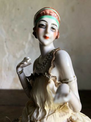 Antique Art Deco French Porcelain Half Doll Flapper Girl & Framed Skirt C1930