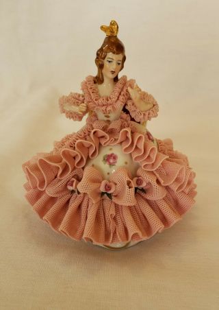 Antique German Dresden Pink Lace Dress Lady Sitting On Chair Porcelain Figurine