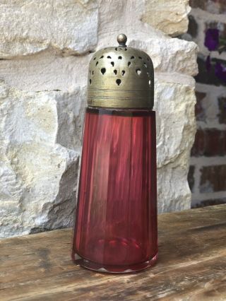 Antique Victorian Cranberry Ruby Glass Sugar Shaker Muffiner