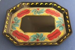 Vtg Toleware Black Metal Tray Hand Painted Red - Turquoise - Yellow Floral 8 1/2 "