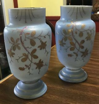 Set Of Two Antique Large Glass Mantle Vases - Opaque/gold Hand Painted 1800’s