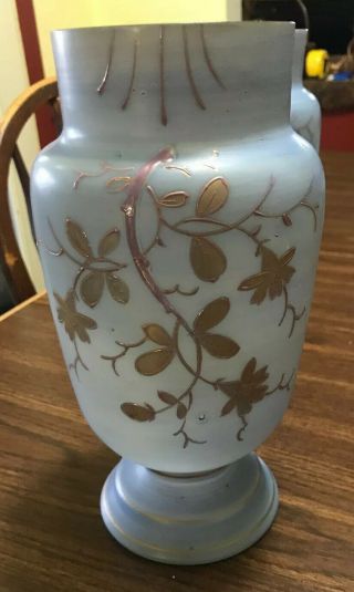 Set of Two Antique Large Glass Mantle Vases - Opaque/Gold Hand Painted 1800’s 2