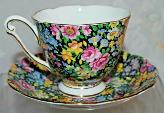 Rare Vtg Floral Roses On Black Chintz Queen Anne Tea Cup Saucer Set England