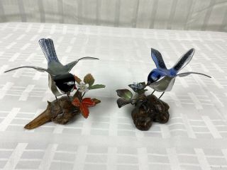 2 Vintage Brumm Bird Figurine Chickadee Bluebird Enamel On Copper Burl Wood Base
