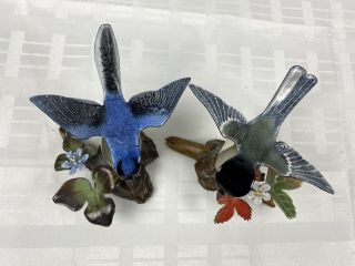 2 Vintage Brumm Bird Figurine CHICKADEE BLUEBIRD Enamel On Copper Burl Wood Base 2