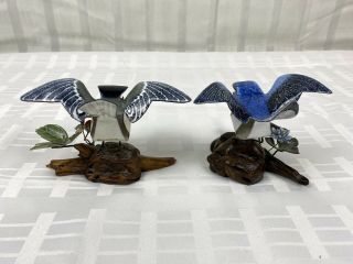 2 Vintage Brumm Bird Figurine CHICKADEE BLUEBIRD Enamel On Copper Burl Wood Base 3