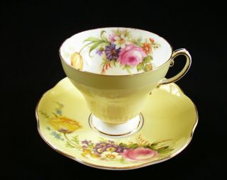 Yellow Eb Foley China Footed Teacup And Saucer Floral Gold Trim Made In England