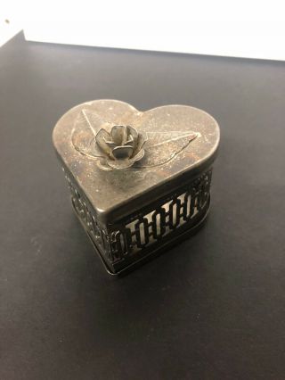 Vintage Silverplate Trinket Box Heart Shape With Rose 2.  5”