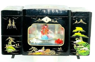 Vintage Mid Century Japanese Jewelry Music Box Musical Black Lacquer Geisha Key