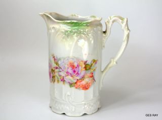 Antique Porcelain Pitcher Vase Luster Ware Pink Roses Unmarked