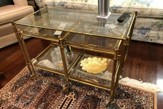 Pr1026: Vintage Brass And Glass Coffee Table With Rolling Small Tables Estate Sa