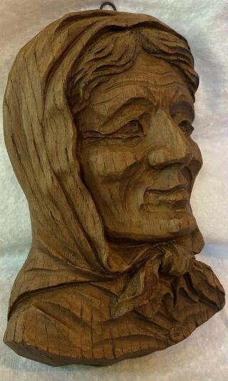 Unique Antique Vintage Old Hand Carved Wood Folk Art Older Women Decor