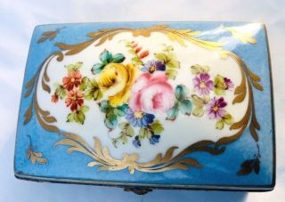 Antique Large Hand Painted France Porcelain Jewelry Dresser Trinket Casket Box