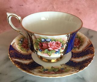Vintage Paragon Fine Bone China Roses Gold Cobalt Blue Tea Cup & Saucer England
