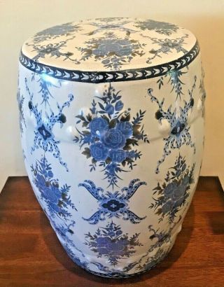 Vintage Asian Porcelain Blue And White Floral Garden Stool Accent Side Table 18 "