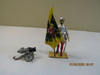 Vintage Metal Mini Spanish Conquistador W/ Flag & Mexican Cannon Hand Painted