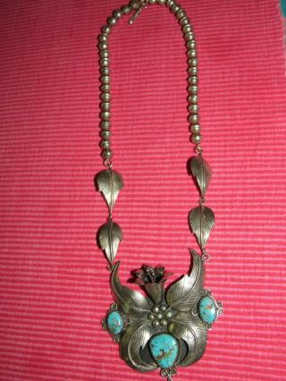 Vintage Sterling Silver Squash Blossom Necklace W Turquoise Stones Flower Design