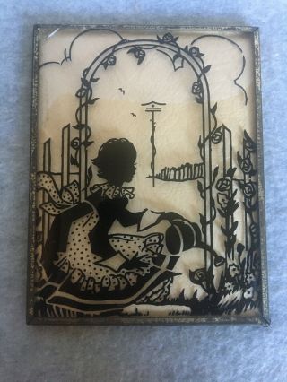 Vintage Convex Bubble Glass Silhouette Picture Gardening Girl