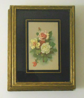 Antique Wood Dresser Jewelry Box Ornate Gold Gilt - Reverse Painted Glass - Rose - Vtg