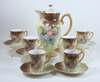 Vintage Chocolate Pot Set Hand Painted Roses Two Tone 6 Chocolate Cups Germany
