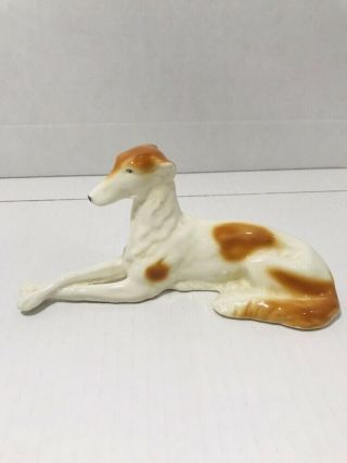 Glazed Ceramic Greyhound Dog Figurine 8” Long White And Brown