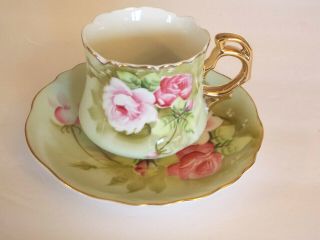 Lefton China Teacup And Saucer Green Heritage Pink Roses 3067